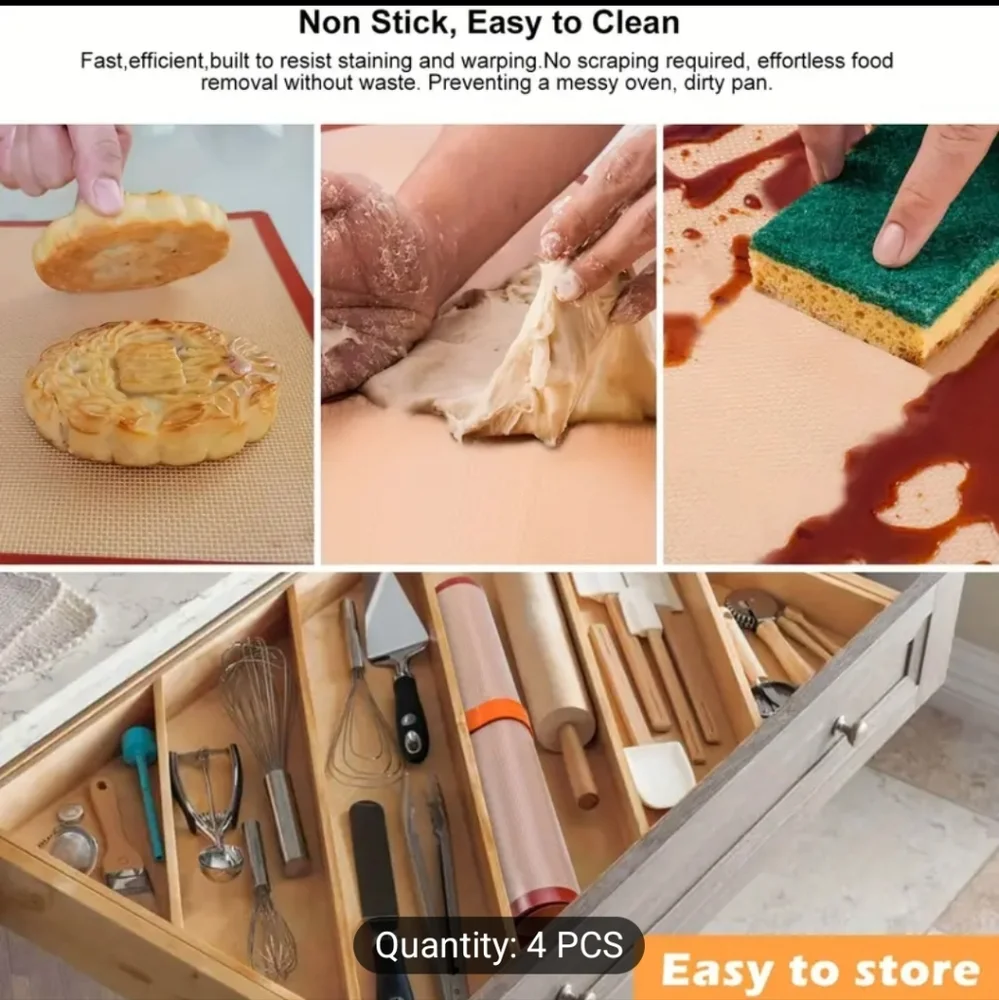 Silicone Baking Mats Set 4-Pack , Food Grade Non-stick Reusable, Silicon